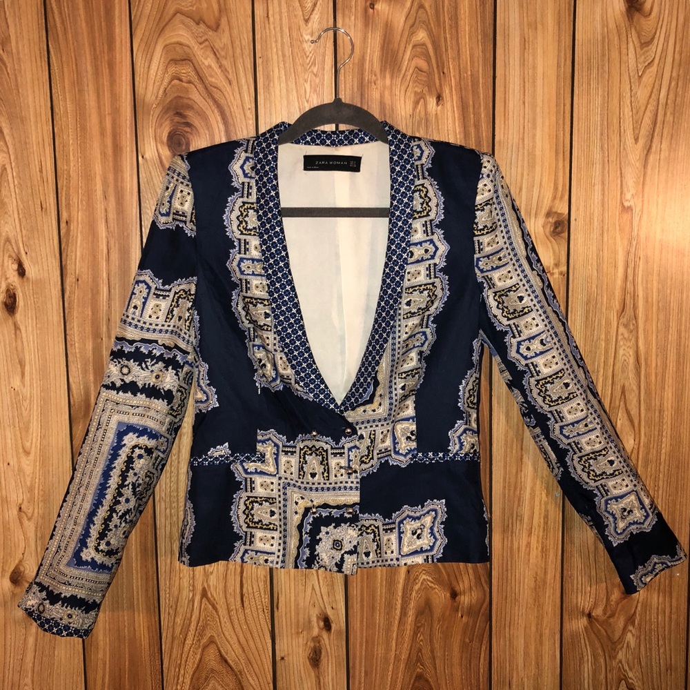 ZARA SILK PRINTED NAVY BLAZER